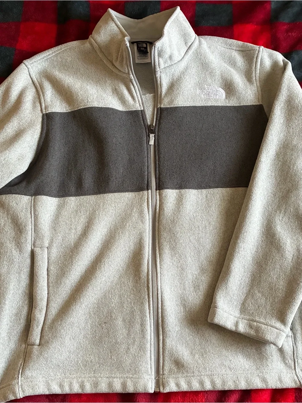 The North Face Men's Light Gray Fleece Jacket with Dark Gray Chest Stripe